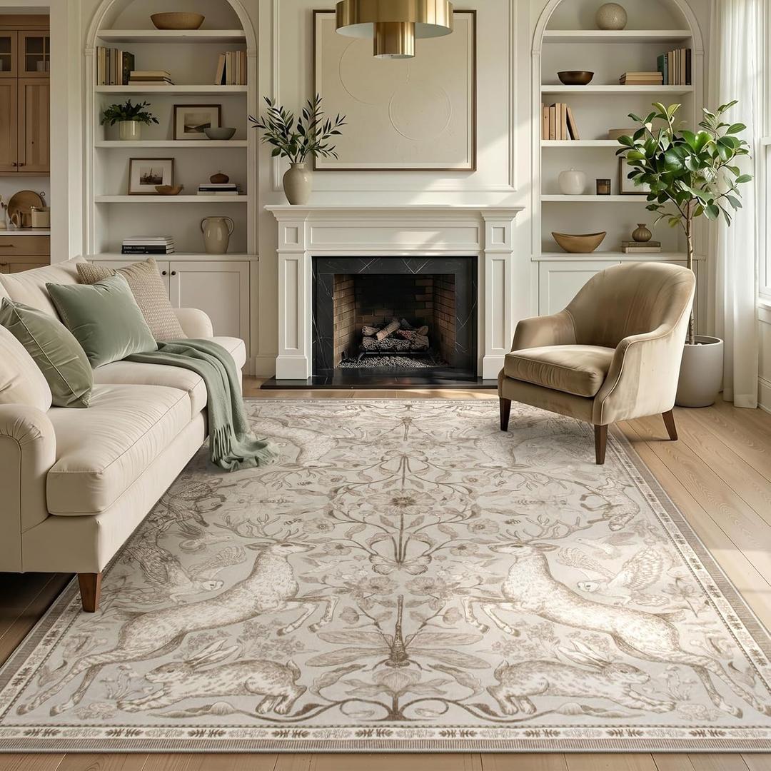 Lahome Dorval 6x9 Washable Deer Rug, Boho Cottagecore Neutral Area Rug, Non Slip Low Pile Soft Carpet for Living Room Dining Room Bedroom Office Nursery Farmhouse Home Decor Beige