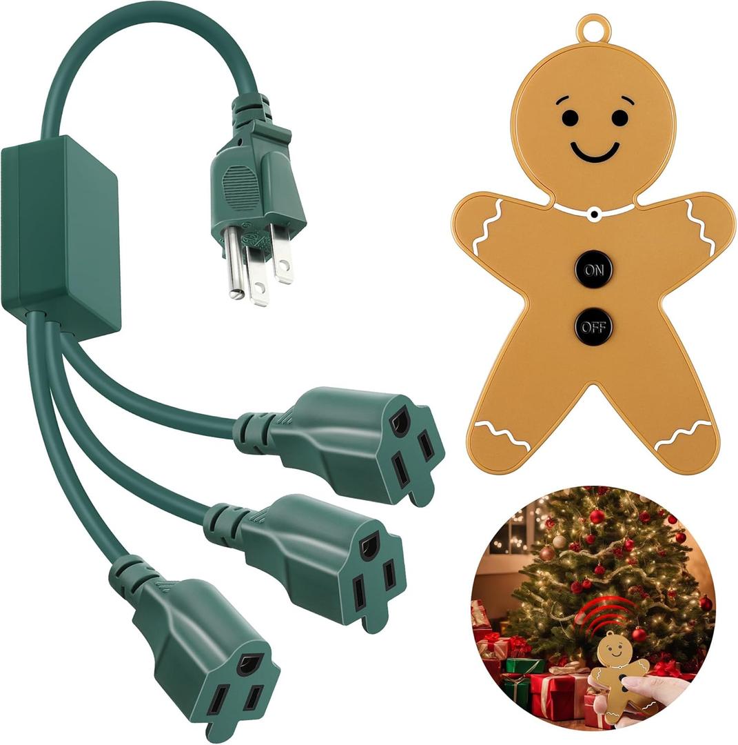 Enhon Christmas Tree Lights Controlled Outlet, Plug in Control Outlet Extension Cord with 3 Sockets and Gingerbread Man Remote Switch for Christmas Tree and Long Range Lighting Control, Green (1 Pack)