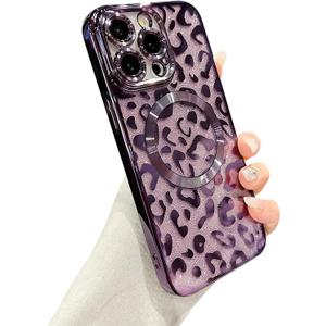 ZONRW for iPhone 15 Pro Max Case Magnetic,Soft Cute Luxury Leopard Cheetah Pattern Plating Glitter Bling Phone Case Compatible with MagSafe Clear Shockproof Back Cover for Women Girl 6.7"-Purple