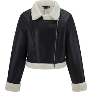 Faux Fur Leather Jacket Women Sherpa Lined Shearing Coat | thick sherpa fur lined,turn down collar,zip front,fur trim pockets,warm winter outerwear,women moto faux leather coat (Black, S)