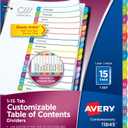 Avery Dividers for 3 Ring Binders, 15 Tabs per Set, Customizable Table of Contents, Multicolor Arched Tabs, Great for Organizing Reports, Projects, and More (11845)