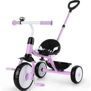 Liberry 2 in 1 Toddler Tricycle Age 2 3 4 Years Old, Kids Trike with Adjustable Push Handle, Bell & Basket, 3 Wheel Bike Riding Toy Birthday Christmas Gift for Girls Boys, Purple