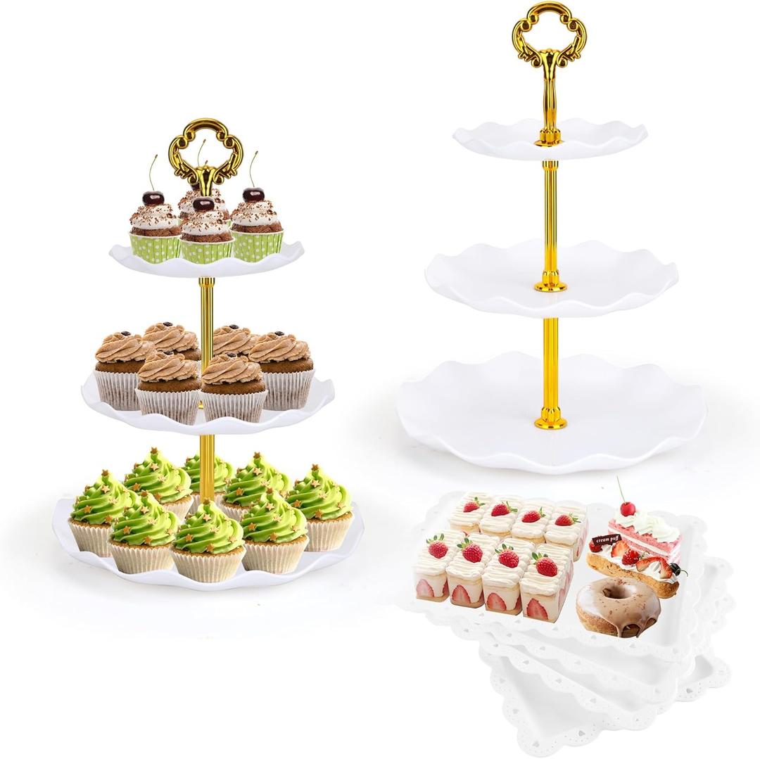 6 Pcs Cupcake Stand Dessert Table Display Set 2 Pcs 3 Tier Plastic Cake Stand Holder 4 Pcs Dessert Serving Tray Cookie Platter Rack Tower for Tea Party Wedding Baby Shower (Round White; Gold rods)