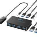 USB 3.0 Switch, USB Switcher 2 Computers Share 4 USB for Printer Keyboard Mouse, Scanner, USB KVM Switch Selector with 2 USB 3.0 Cables and Power Cable, Support Hotkey/Button/Wired Remote Switching