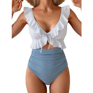 Eomenie One Piece Swimsuit for Women Tummy Control Ruffle Bathing Suit V Neck Ruched Swim Suit Slimming Cutout Swimwear (Medium, Blue Stripes)