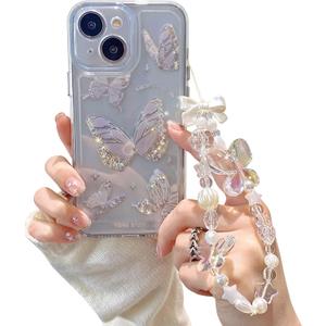 Fycyko Compatible for iPhone 13/iPhone 14 Case Cute Butterfly Pattern Clear Design Aesthetic Women Teen Girls Glitter Pretty Crystal Sparkle Sparkly Phone Cases Protective Cover+Butterfly Chain
