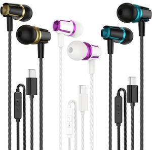 Rayleigh USB C Headphones with Microphone 3 Pack, Wired Earbuds with Heavy Bass, Type C Earphones with Noise Isolating, Compatible with iPad, Android Phones, Fits Most Type C Devices (Black Gold+White Purple+Black Blue)