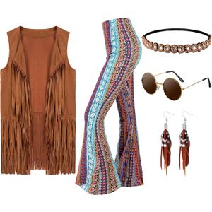 Leumoi 5 Pcs 60s 70s Costume for Women Disco Outfits Hippie Accessories Fringe Vest Boho Flared Pants Set for Carnival (Medium, Retro)