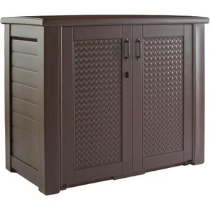 Rubbermaid Decorative Outdoor Storage Cabinet (123 Gal), Weather Resistant, Brown, Organization for Home/Backyard/Pool Chemicals/Toys/Garden Tools/Porch/Patio Cushions