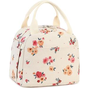 BTOOP Lunch Box for Women Men Cute Corduroy Lunch Bags Large Capacity Insulated Lunch Tote Bag For Work Travel Or Picnic (Orange-Flower)