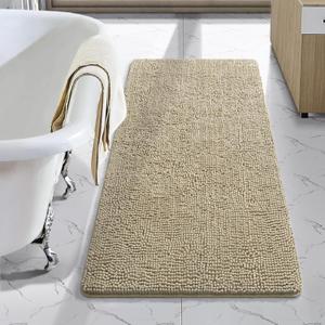 LOCHAS Luxury Bathroom Rug Shaggy Bath Mat 24 x 48 Inch, Washable Non Slip Bath Rugs for Bathroom Shower, Soft Plush Chenille Absorbent Carpets Mats, Beige
