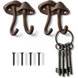 Frienda Set of 2 Mushroom Wall Hook Antique Decorative Coat Hook Heavy Duty Wall Hanger Mushroom Rack Hanger with 2 Hooks and Screws for Hanging Clothes, Coats, Towels, Keys and Hats (Antique Black) (Dark Brown)