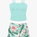 Girls Tankini Swimsuits Two Piece Tropical Print Pleated Bathing Suit with Ruffle Drawstring Skirt Swimwear 15-16Y