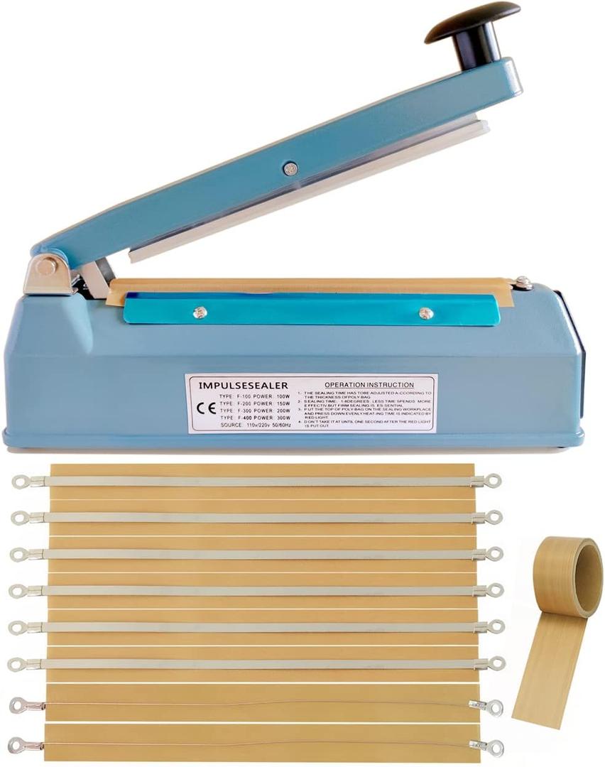 Impulse Heat Sealer 8 Inch 5mm Mylar Bag Sealer Heat Seal Machine, 110v Manual Heat Sealer for Plastic/Poly/Cookie Bags, 8 Replacement Parts & Teflon Cloth Strip(2 Round Cutter Lines Included) (Blue)