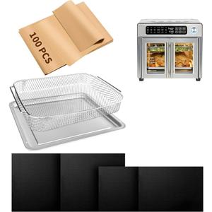 Air Fryer Accessories Compatible with Emeril Lagasse 26 Qt Extra Large, Baking Pans Set with Stainless Steel Baking Sheet Basket, Parchment Paper Teflon Mat for Oven