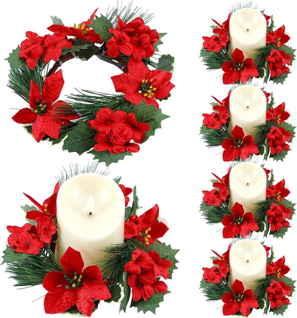 6 Pcs Christmas Candle Rings Artificial Red Poinsettia Candle Rings Christmas Table Centerpieces Decorations for Home Xmas Holiday Party Table Centerpiece