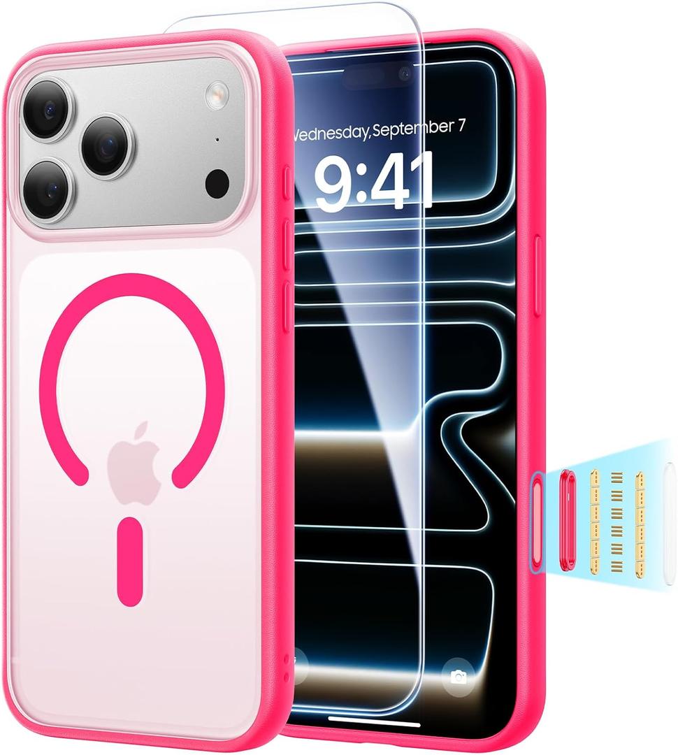 3 in 1 Magnetic Shockproof for iPhone 17 Pro Case, [Fit for MagSafe] [TOP Military Protection] 1X Screen Protector+1X Wrist Strap, Camera Control Cover for iPhone 17 Pro Translucent Hot Pink