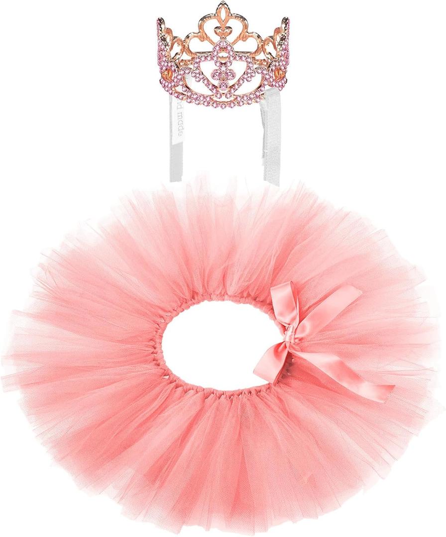 2 Pcs Dog Crown Headband Dog Tutu Dress Set Crystal Rhinestone Tiara Crown Tutu Skirt Pet Dress Costume for Puppy Birthday Party Wedding Photo Prop Costume (Large, Dusty Pink)