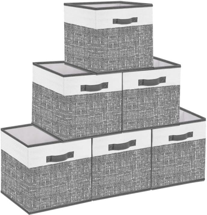 homyfort 12x12 Cube Storage Bins - Fabric Organizers and Storage, Collapsible Storage Basket for Shelves, Closet, Nursery, Set of 6 (White collage gray)