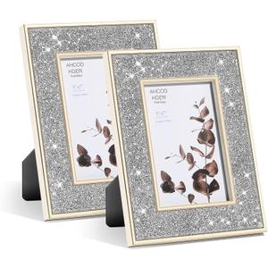 5x7 Picture Frame Gold Edge Silver Crystal Diamonds Decor for wall and desk, Photo Frame With High Definition glass Display Horizontal and Vertical Gifts for Wedding Graduation 2 Pack 5 by 7