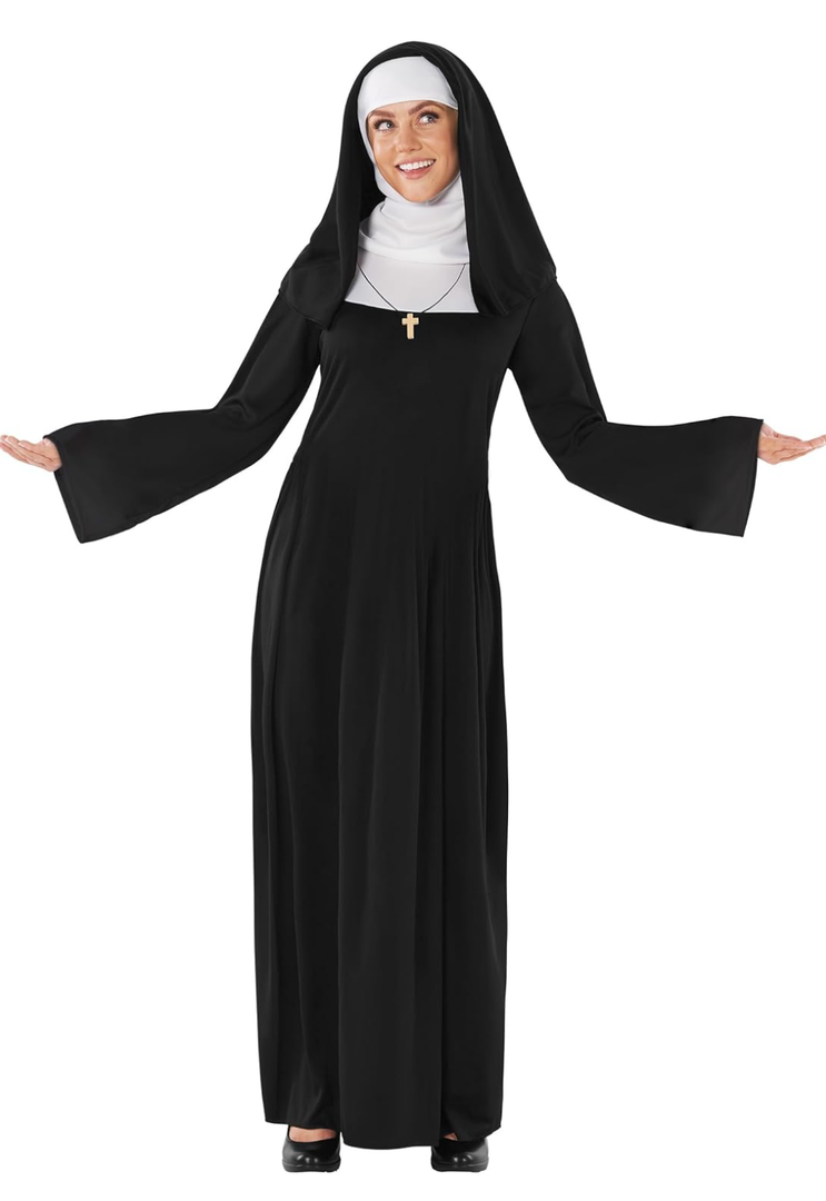 fun shack Nun Costume for Women - Deluxe Religious Outfit with Headpiece, Cross Necklace, L