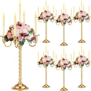 Tanlade 6 Pack Gold Candelabra Table Centerpieces Tall Candelabra Wedding Metal Candle Holder 5 Arm Taper Candlestick Floral Flower Floor Candle Stand for Dining Holiday Ceremony Easter Party(21 Inch)