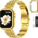 MioHHR Slim Metal Band Compatible with Apple Watch 41mm 40mm 38mm, Solid Stainless Steel Chain Strap for Women Men iWatch Bands Series 9 8 7 6 5 4 3 2 1 SE3 SE2 SE, Gold