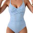 B2prity Women's One Piece Swimsuits Tummy Control Front Cross Bathing Suits Tie Back Slimming V Neck Swimwear, Large, Blue and White Stripe