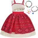 COTRIO Princess Dress for Girls Toddler Kids Outfit with Accessories Necklace Halloween Costume for Girl Dress Up Clothes (7-8 Years, Red Beige)