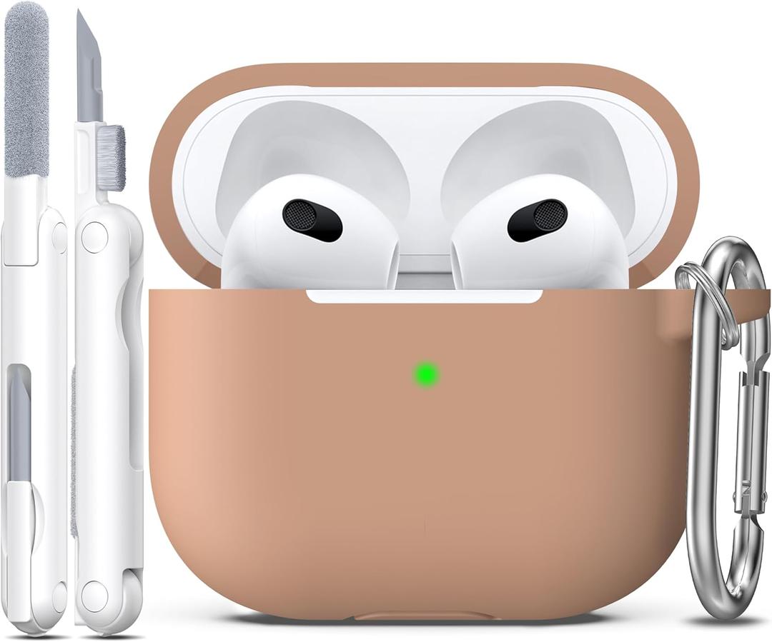 R-fun Compatible with AirPods 3 Case Cover, Silicone Protective Accessories Skin with Keychain Compatible with Apple AirPod 3rd Generation 2021 for Women Men Girls Boys,Front LED Visible,Milk Tea