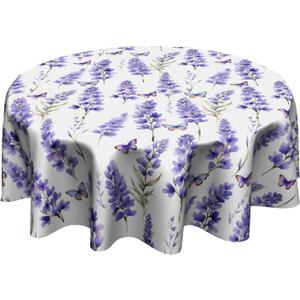 Lavender Round Tablecloth 60 Inch - Floral Butterfly Table Cloth Spring Summer Flowers Tablecloths Botanical Butterflies Table Cover for Kitchen Dining Indoor Outdoor