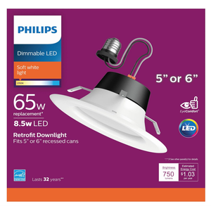 Philips LED Flicker Free 5"/6" Dimmable Recessed Downlight, EyeComfort Technology, 750 Lumen, Soft White Light (2700K), 8.5W=65W, E26 Base, Title 20 Certified, 6Count (Pack of 1) Philips LED Flicker Free 5"/6" Dimmable Recessed Downlight, EyeComfort Technology, 750 Lumen, Soft White Light (2700K), 8.5W=65W, E26 Base, Title 20 Certified, 6Count (Pack of 1)