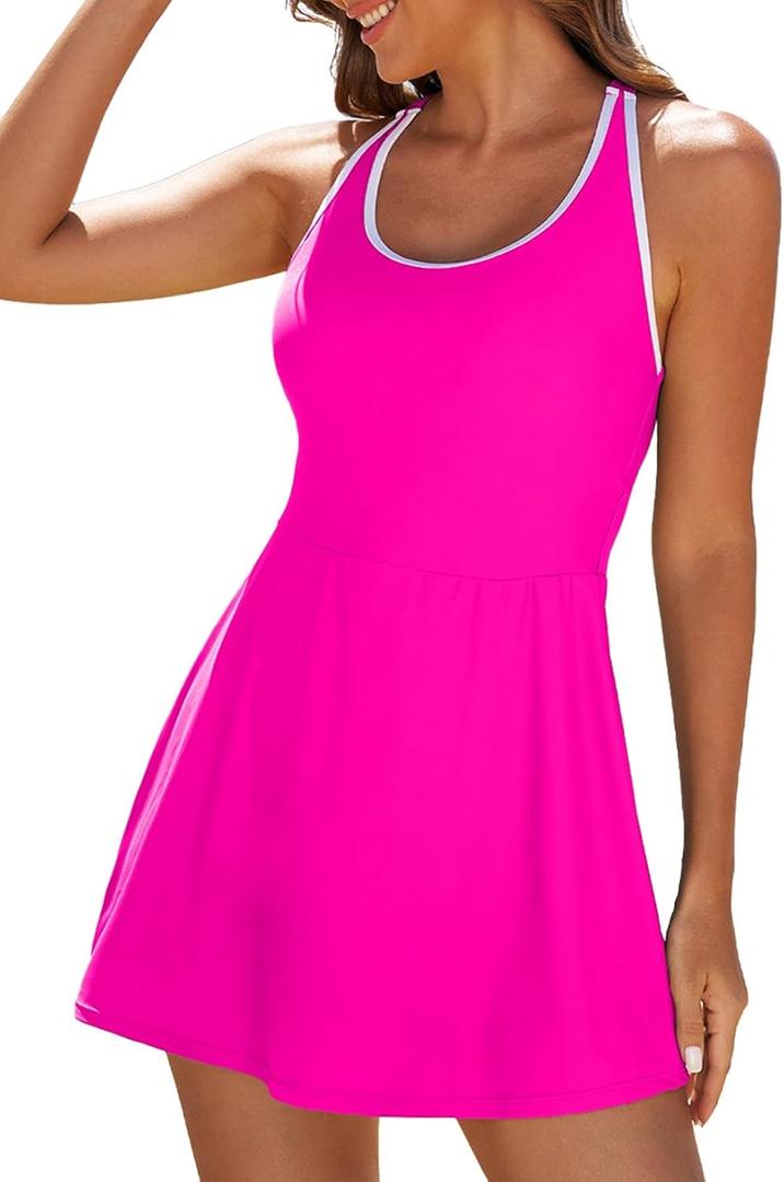 Aleumdr Women One Piece Swimsuit Skirt Tummy Control Bathing Suit Color Block Swim Dress Swimwear with Pockets (Medium, Hot Pink)