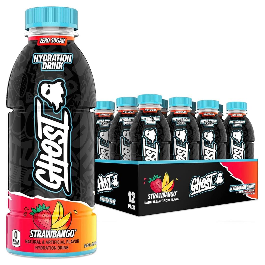 GHOST Hydration Drink, Strawbango - RTD Sports Drink with Electrolytes, Natural Vitamins & Minerals - All Day Lifestyle Hydration Beverage - Zero Caffeine & Zero Sugars - 16.9 Fl Oz, 12 Pack (EXP 08/31/26)