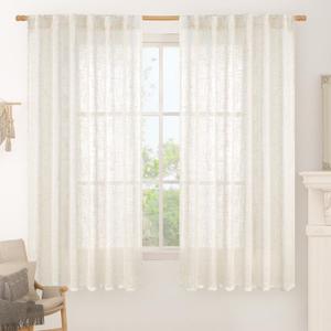 LAMIT Cream Linen Curtains 63 Inch for Bedroom, Light Filtering Neutral Semi Sheer Window Boho Curtains Back Tab and Rod Pocket Panels for Living Room, 2 Panels, 52 x 63 Inch