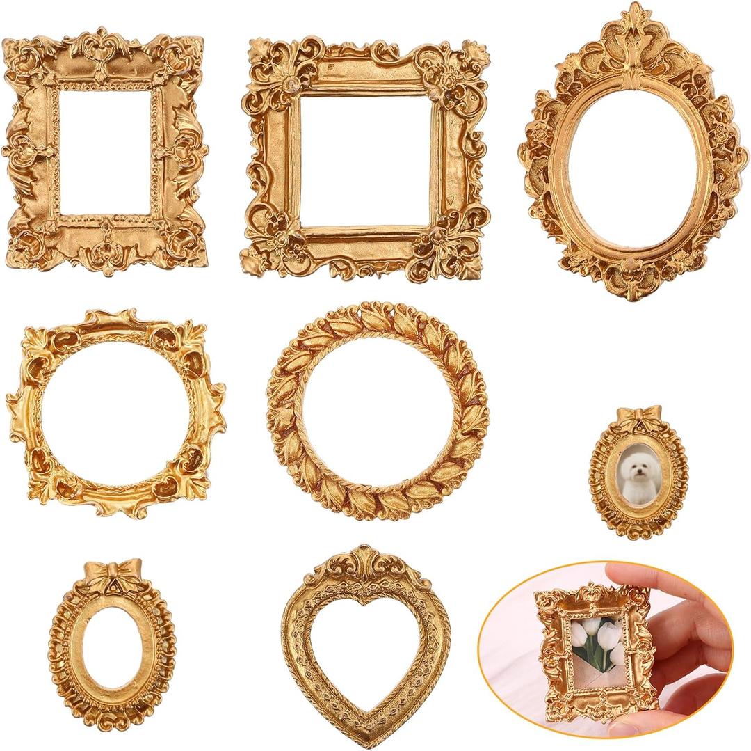 2 x Vintage Mini Picture Frame 7 PCS Set Mini Gold Frames Baroque Antique Resin Tabletop Jewelry Display Small Photo Frames Miniature Tiny Frame Wall Hanging for DIY Christmas Home Decor Gift