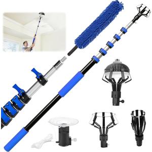 28FT Reach Light Bulb 5-20FT Telescopic Extension Pole Light Bulb Changer for High Ceilings with Feather Duster, Baskets and Suction Cups for Recessed Lights and High Ceilings
