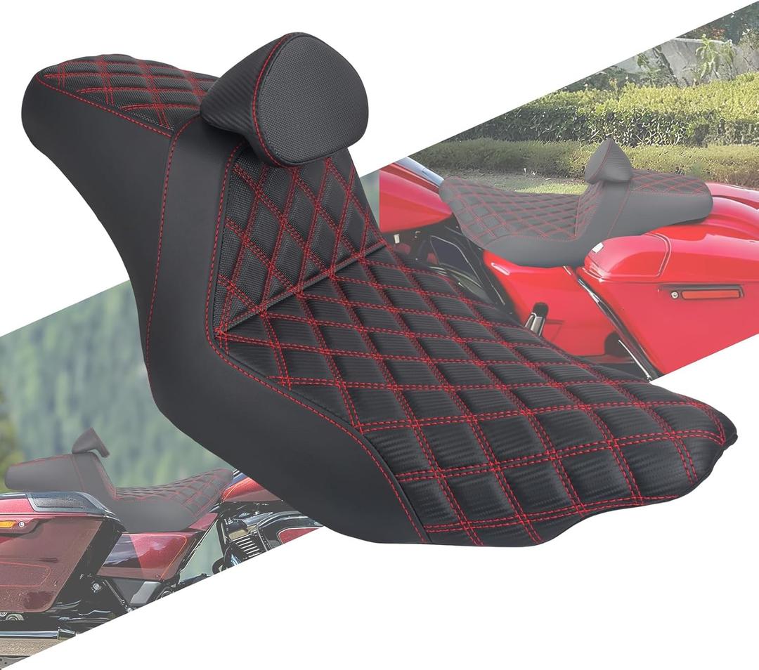 One-piece Two-Up Seat Driver Passenger Seat With Backrest Fit for Harley Touring 2024-Up Street Glide CVO 2023 Road Glide CVO 2023 (Red Stitching)