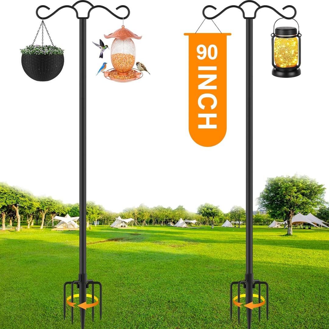 SINLEY 2 Pack 90 inch Double Shepherds Hook for Outdoor with 5 Prong Base Heavy Duty Two Sided Bird Feeder Pole for Hanging Lantern,Hummingbird Feeder,Lightweight Plant,Shepherds Hook