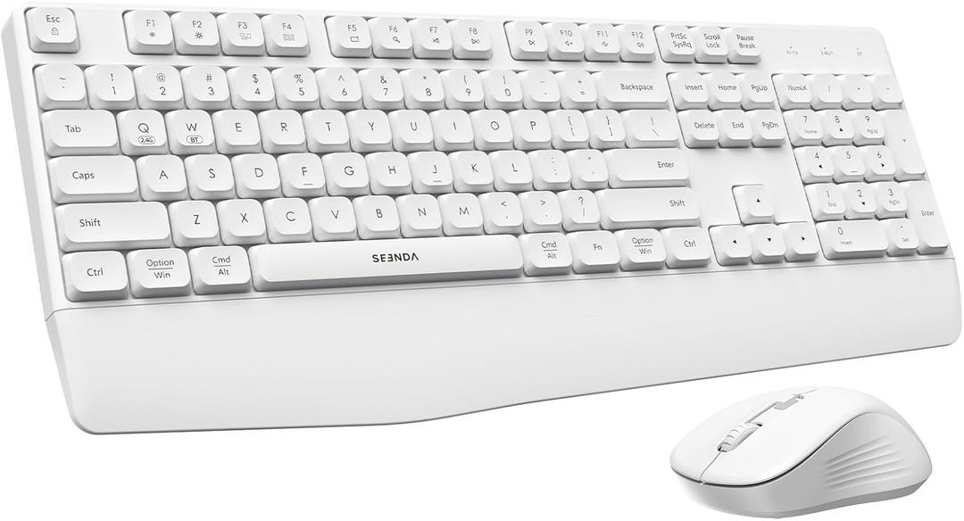 seenda Wireless Bluetooth Keyboard and Mouse Combo, COE200 Ergonomic Wireless Keyboard Mouse with Wrist Rest, Multi-Device Connection, Full-Size, Compatible for Computer/Laptop/Mac/MacBook, White
