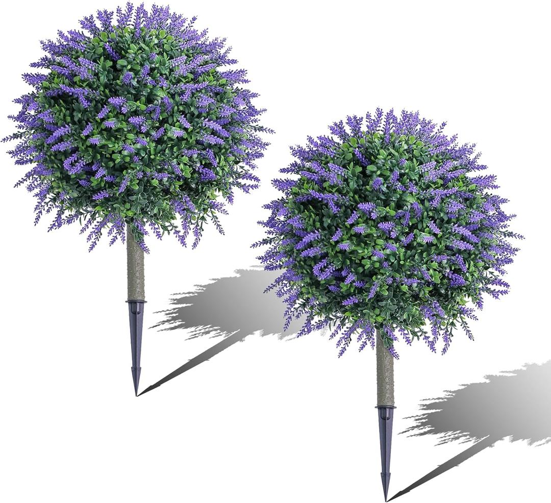 27.6''H Faux Lavender Plants Outdoor Set of 2, Realistic Artificial Boxwood Topiary Shrubs with Spike, UV Resistant Topiary Balls Large Fake Plant Faux Bushes for Indoor & Outdoor Decor