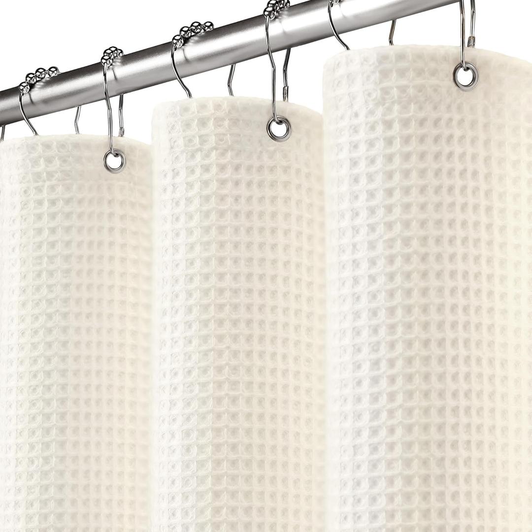Extra Long Waffle Shower Curtain - Ivory Cotton Texture Fabric Heavyweight Shower Curtains for Bathroom, 72Wx84L