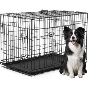 FDW XL Dog Crate Dog Kennel Cage with Double Door,42 inch Folding Metal Wire Dog Cage with Removable Tray&Divider Panel,Pet Crate for Medium Large Dogs,Black