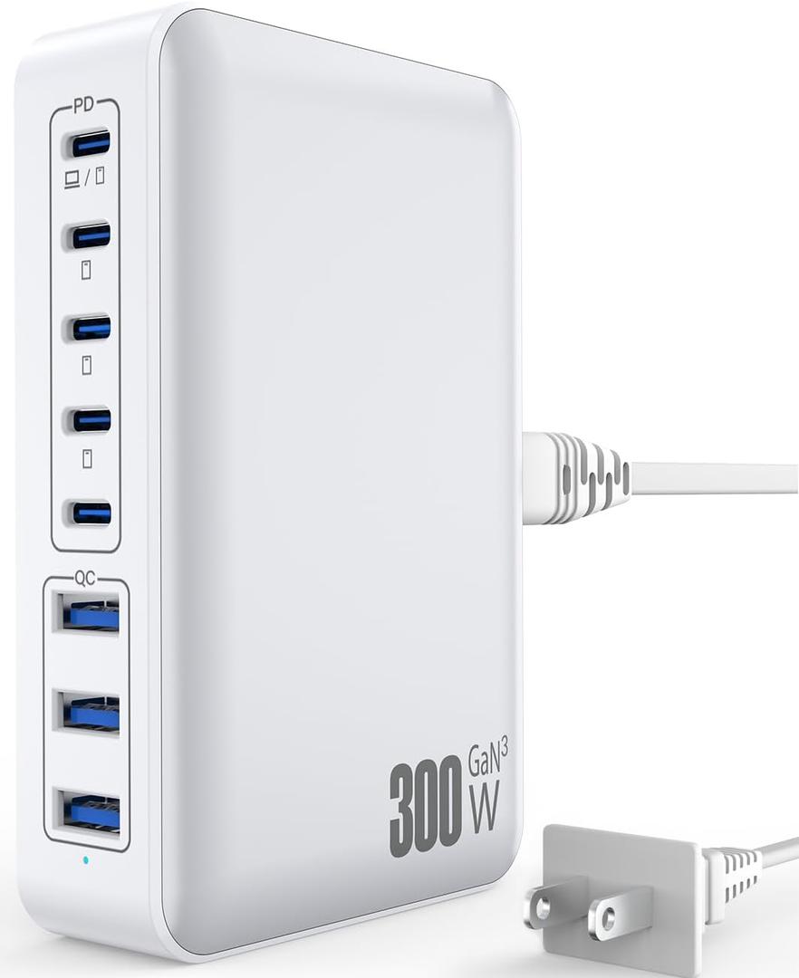 USB C Charger Block Charging Station - 300W Fast GaN 8-Port Multiple USB Charging Hub, Upgraded PD 100W Laptop Charger Compatible with MacBook Pro/Air, iPad, iPhone 16/15/14, Galaxy S23/22, 5ft Cord
