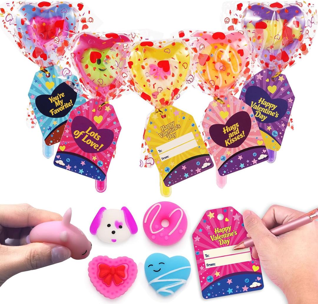 Valentines Day Cards for Kids,24 Pack Heart Lollipop-Shaped Plastic Ball with Valentine Squishy Toys for Kids Valentines Party Favors School Classroom Exchange Gift