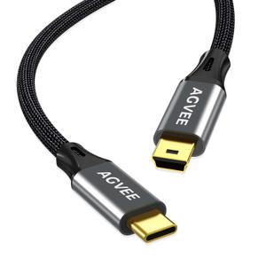 AGVEE 10ft USB-C to Mini USB Cable, Gold Plated End Tips, Braided Durable Mini-B 5-Pin to Type-C Data Charging Charger OTG Cord for Hero 3+, Canon Nikon Camera, GPS, Blue Yeti, Dark Gray