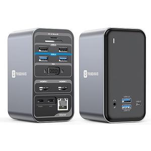 TobenONE USB C Laptop Docking Station Dual Monitor, 15in1 USB C Dock with Dual HDMI, 65W Power Supply, VGA, 4xUSB 3.0, 2xUSB 2.0, SD/TF, Ethernet, and Audio/Mic for Lenovo, HP, Dell, Surface