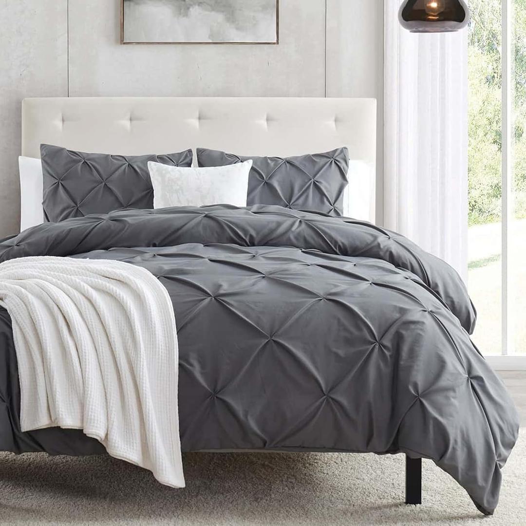 Nestl Dark Grey Duvet Cover King Size - Soft Double Brushed Duvet Set with Button Closure & Corner Ties, 3 Piece Luxurious Pinch Pleated Duvet Cover Set 104x90 Inches with 2 Pillow Shams