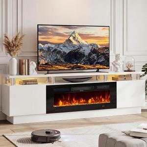 70" Fireplace TV Stand for TVs UP to 80", Electric Fireplace Entertainment Center with LED Lights & Storage Cabinets, TV Console for Living Room, Office, White-Black