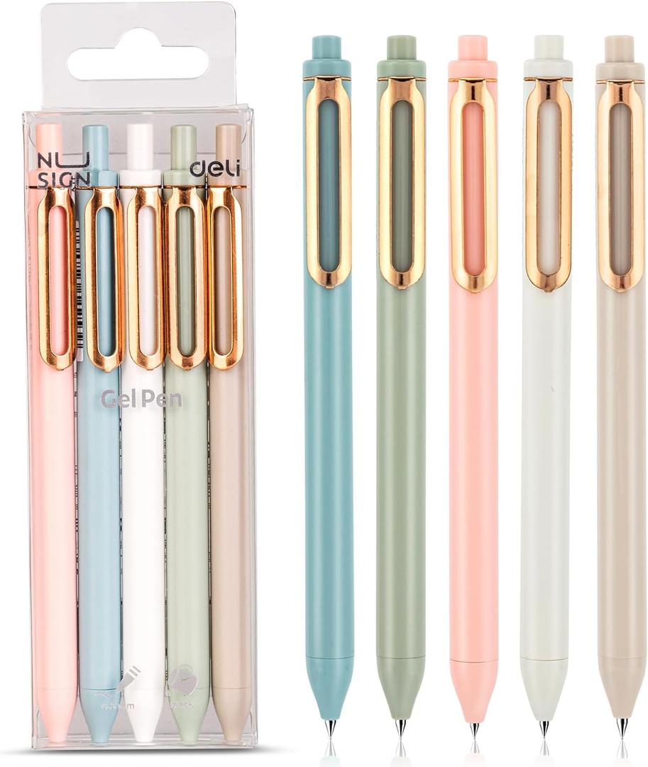 Gel Pens, 5 Pcs 0.5mm Retractable Quick Dry Black Ink Fine Point Rolling Ball Gel Pen, Smooth Writing No Bleed for Journaling Note Taking, Home School Office Supplies